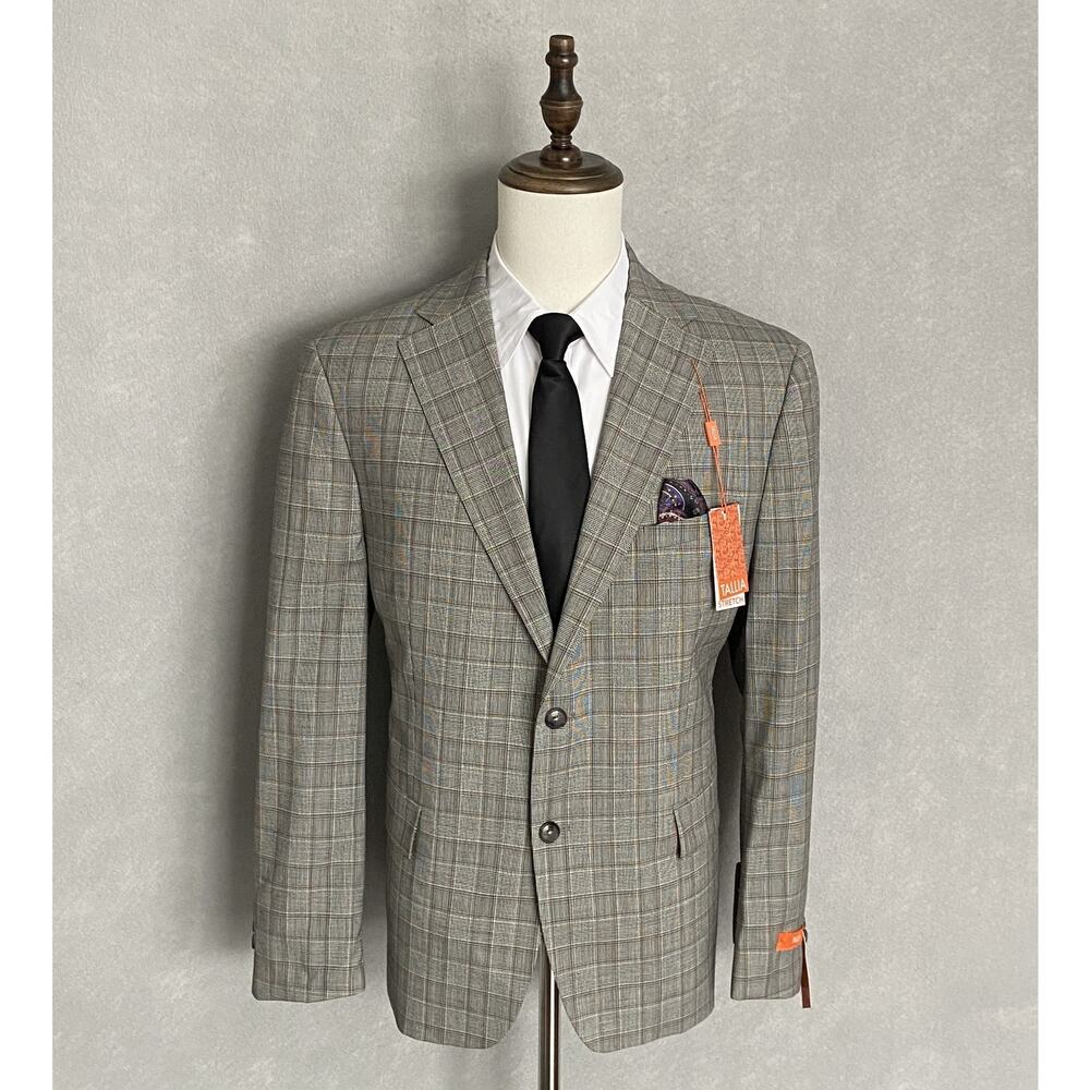 Tallia Men's 40 Long Suit Jacket Stretch Wool Blend Cream/Brown Plaid NEW